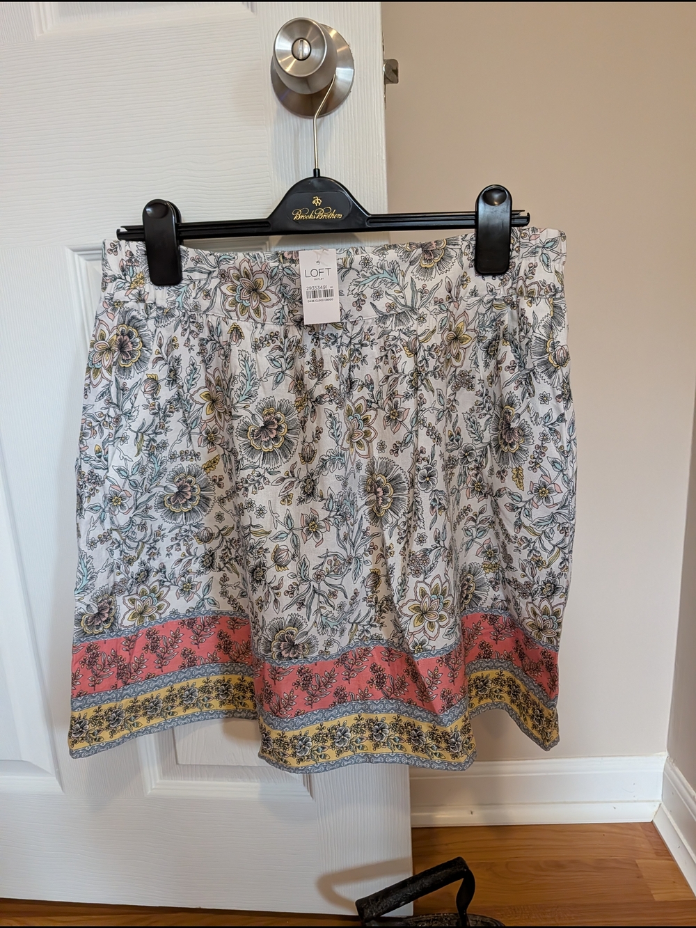 LOFT White Floral Mini Skirt with Pink & Yellow Border